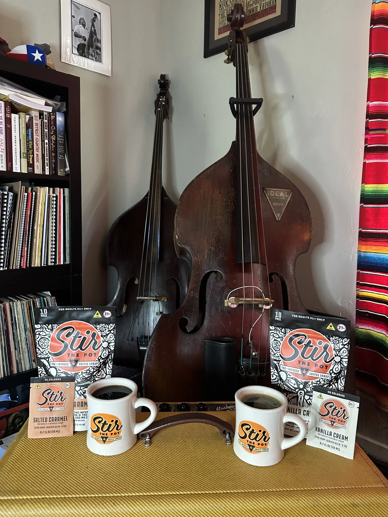 Stir the Pot coffee syrups and mugs in a music room